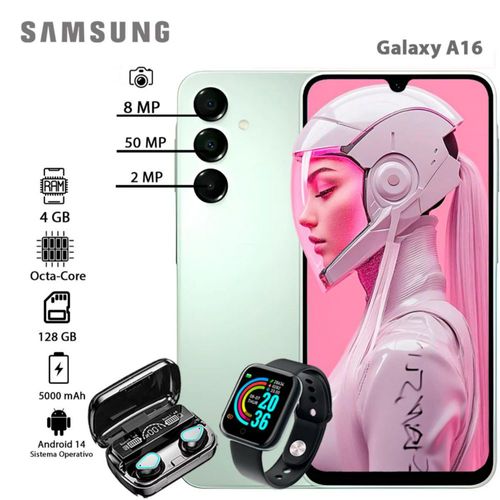 Celular Samsung Galaxy A16 4GB 128GB Color Verde Dual SIM con Audífonos + Smartwatch
