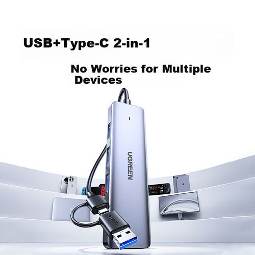 Hub Usb 3.0 Ugreen De Cuatro Puertos Con Doble Conector Usb Y Tipo-C