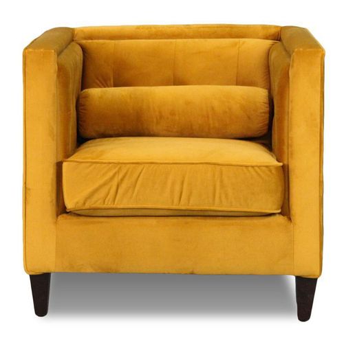 SILLON INDIVIDUAL PAUL TAPIZADO TERCIOPELO MOSTAZA PATAS DE MADERA CON COJIN RIÑONERA INCLUIDO