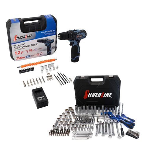 Kit de Taladro Destornillador Inalámbrico + Juego de Herramientas de 216 Piezas Silverline