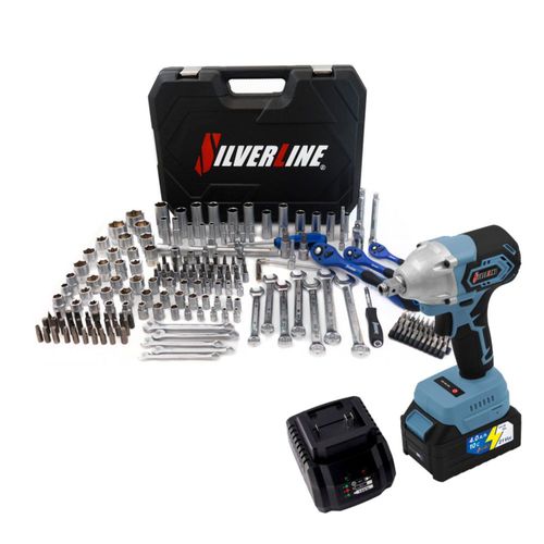 Kit de Juego de Herramientas de 216 + Llave de Impacto Inalámbrica 21V Silverline Color Azul