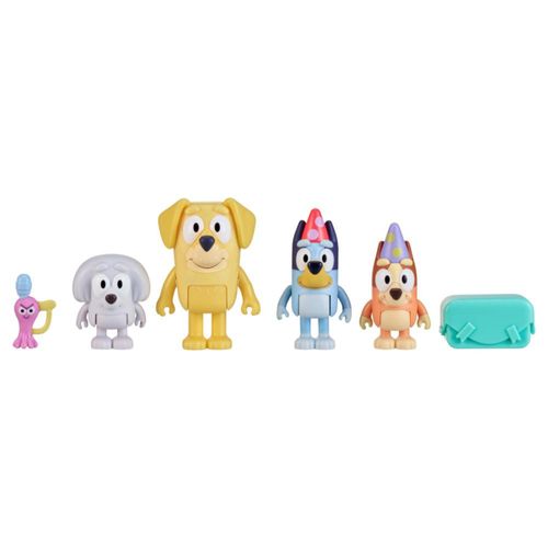 Bluey Figure Paquete de 4, Cifras de Personajes Pass The Parcel de 2.5-3 Pulgadas, Bingo, Lucky's Dad y Lila, con Accesorios