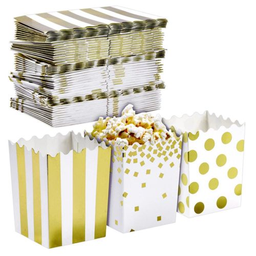60-Pack Mini Popcorn Boxes - 16oz Small Paper Popcorn and Candy Favor Boxes, Gold Foil Polka Dots, Stripes, Confetti Designs, Ba