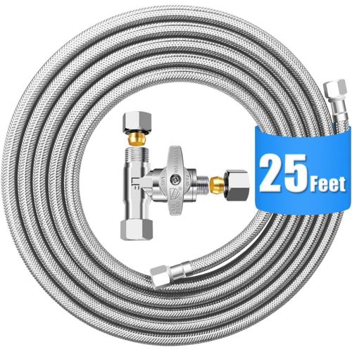 Kit de línea de agua para nevera, línea de agua trenzada de acero inoxidable de 25 pies con válvula de tope en T, tubo interior