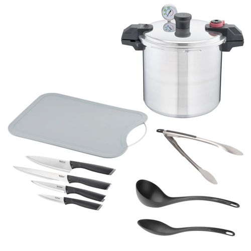 T-fal Combo Gourmet Essential, Set con Olla a presión de Aluminio 22L, Tabla para Picar, Set 4 Cuchillos, Pinzas de Cocina, Cuch