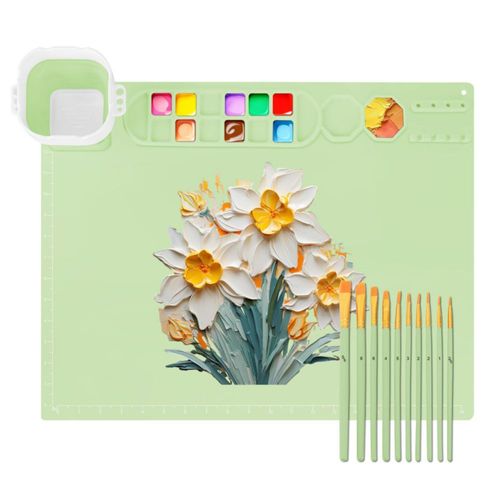 MEKOTRIN Alfombrilla de Silicona para Pintar, 20" x 16" Tapete de Pintura con Taza Limpieza y 10 Pinceles para Pintar DIY Manual