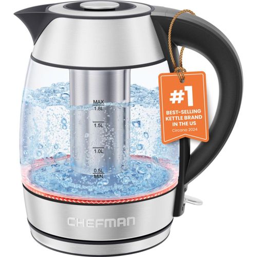 Chefman - Hervidor eléctrico de vidrio 1.8 L, 1500 W | Con infusor de té, función de mantener el calor, apagado automático y pro