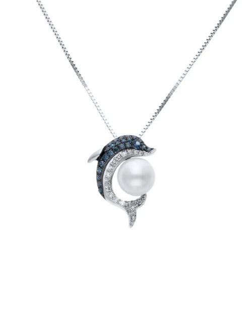 DIJE DE DELFIN DE ORO BLANCO CON CADENA 14K CON 12PTS DE DIAMANTES BCO Y AZUL, PERLA Y ZAFIRO