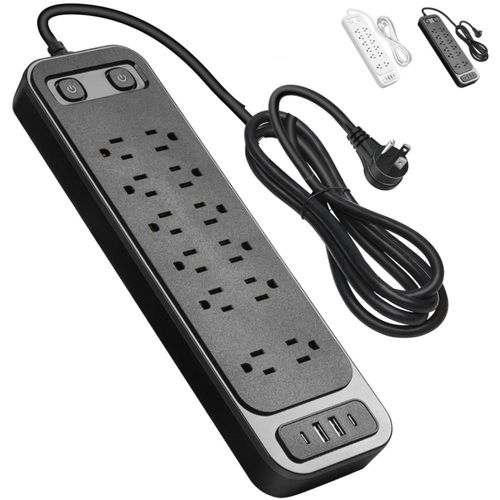 GALASALA Regleta Multicontacto, Extensión Eléctrica de 1,8 M, Enchufe Plano, 12 Tomas de Ca, 4 USB (2 USB-C), Conector Multivía