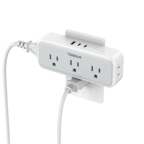 TESSAN Regleta Multicontacto Pared, Conector Multiple con 5 Salidas CA, Protector de Sobretensión con 1 Puerto USB A y 2 Puertos