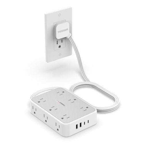 TESSAN Regleta Multicontacto USB, 1,5 M Extension Electrica con 1800J Protector de Sobretensiones, Conector Multiple con 12 CA,