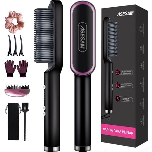 ASECAM Cepillo Alisador de Cabello 3 en 1, Cepillo Alaciador de Cabello Eléctrico Profesional, 5 Temperaturas Ajustables 130-200