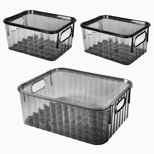 Set de 3 Cajas de Almacenamiento con Tapa | Organizadores de Plástico Transparente Gris humo, Resistentes y Apilables para Hogar u Oficina