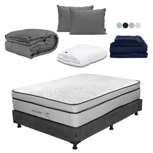 Colchón Queen Size Restonic Lipa+ Box Gris Carbón+ Almohada 2Pack+ Protector Cloud+ Sabanas Softy+ Edredón Homy CDZ
