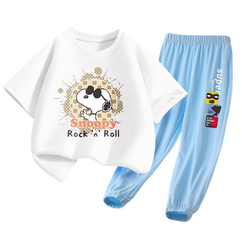 Conjunto SNOOPY playera algodón y pantalón con protección contra mosquitos blanco azul unisex para niño