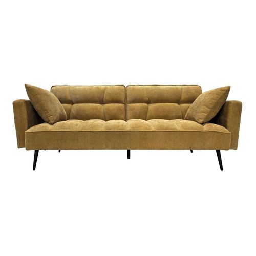 Ilios Innova | Sofá Cama Zen Mostaza Moderno Tapizado Premium con Respaldo Reclinable Dividido Patas Metálicas y 2 Cojines Decorativos.