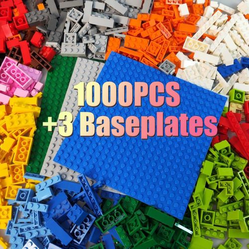 HUIZDQ - Bloques de construcción de 1000 piezas, placas base apilables clásicas, 3 placas base de 6.3" x 6.3", azul, gris y verd