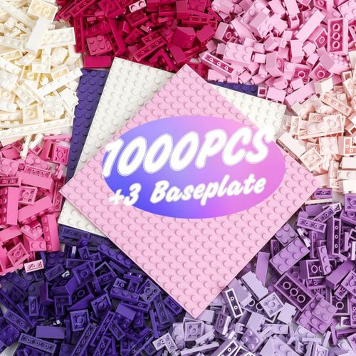 1000 piezas de bloques de construcción clásicos, bases apilables clásicas, 3 bases de 6.3" x 6.3", en blanco, rosa y morado, com