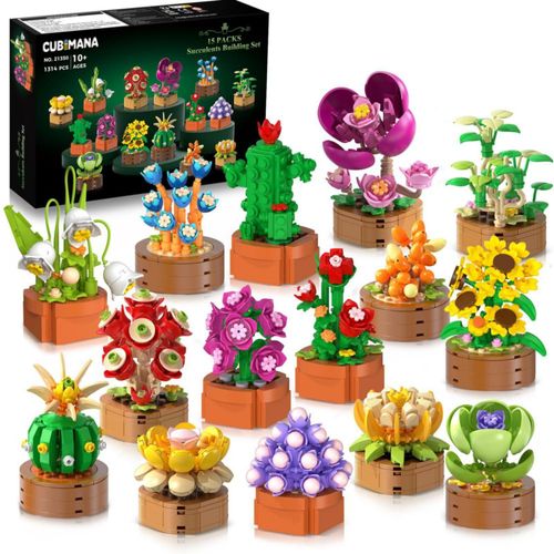 Paquete de 15 minijuegos de construcción de flores y plantas de 3,6 mm - 1314 piezas de flores y suculentas botánicas para decor