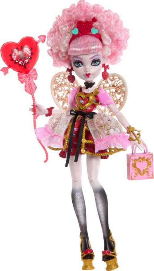 Muñeca de cumpleaños aterradora y dulce de Monster High, Cupido Asteria en vestido de fiesta rosa y rojo con accesorios temático