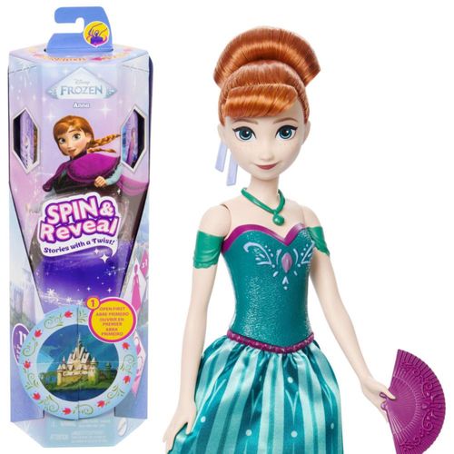 Muñeca de moda Anna de Mattel Disney Frozen, gira y revela con 11 sorpresas que incluyen 5 accesorios, 5 pegatinas y una escena