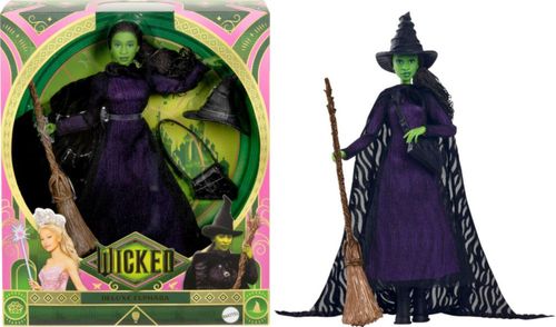 Muñeca de moda Elphaba de Mattel Universal Wicked Deluxe y accesorios, estilo inspirado en la película, cabello trenzado y posab