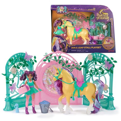 Academia de unicornios, muñeca Ava y puesto de hojas que cambian de color con 15 accesorios, muñecas y juguetes de unicornio par