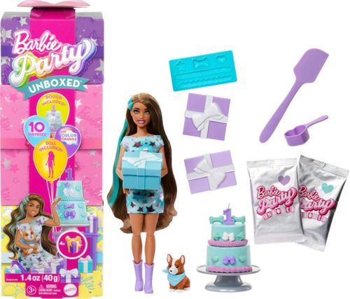 Muñeca Barbie Party Unboxed y accesorios, set de fiesta de cumpleaños de mascotas con 10 sorpresas, incluyendo cambio de color y
