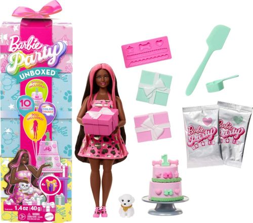 Muñeca Barbie Party Unboxed y accesorios, serie de cumpleaños de mascotas, set de corazones brillantes con 10 sorpresas que incl