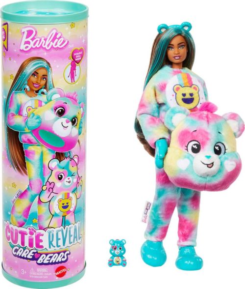 Muñeca Barbie Cutie Reveal Care Bears y accesorios, serie 2, oso Good Vibes con 10 sorpresas, incluyendo cambio de color y mini