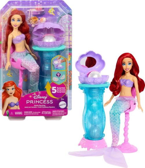 Muñeca de moda de sirena Ariel Vanity Pop con cola y tocador extraíbles, 5 sorpresas desplegables repetibles y 5 accesorios.