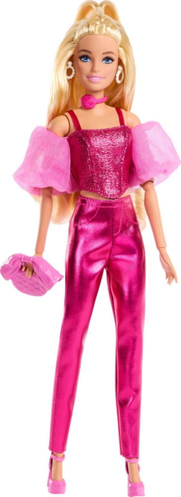 Muñeca Barbie Deluxe Style n.° 5 con atuendo rosa metalizado, cabello rubio, top con corsé brillante y pantalones brillantes con