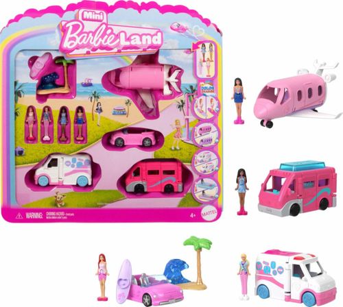 Barbie Mini BarbieLand - Juego de 4 muñecas y vehículos de juguete con 4 muñecas de 1 1/2 pulgadas y 4 vehículos de juguete icón