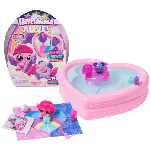 Hatchimals Alive, Fiesta en la piscina con arcoíris neón y mejores amigas, con 2 figuras en huevos de revelación de color, 14 ac