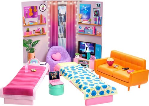 Juego de juguetes de Barbie, "Gran Ciudad, Grandes Sueños", muebles y accesorios para dormitorio con 2 camas, sofá, sillón puf y