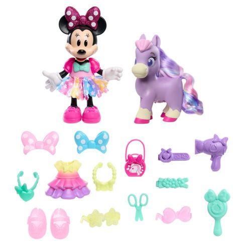 Disney Junior Minnie Mouse Groom & Glam Pony Set, Muñeca articulada de 21 piezas y accesorios, Juguetes para niños a partir de 3