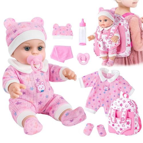 Muñeca bebé BDDOLL de 30 cm en caja de regalo con mochila rosa, ropa, biberón y chupete. Primeras muñecas bebé para niños pequeñ