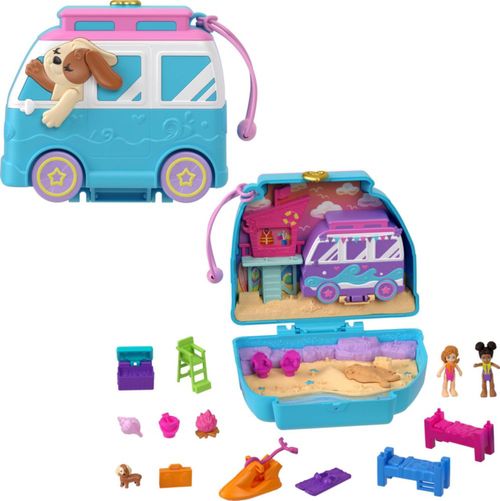 Muñecas y juego Polly Pocket, paseo compacto para cachorros junto al mar con 11 accesorios, juguete de viaje con exterior anties