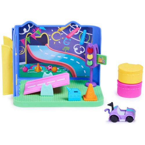 Casa de muñecas de Gabby, sala de juegos Carlita Purr-ific con coche de juguete Carlita, accesorios, muebles y entregas de casas