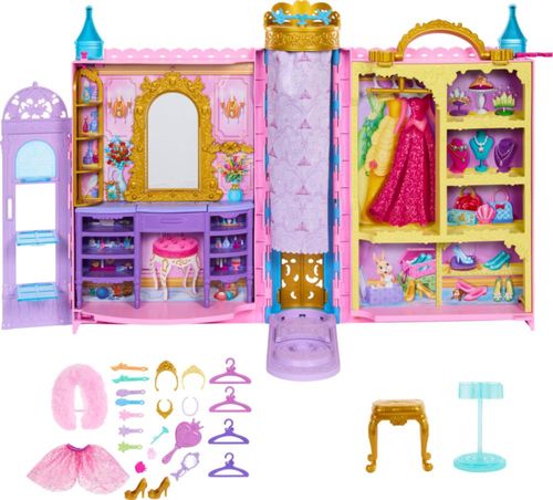 Juguetes de princesas Disney de Mattel, el armario Ready for The Ball se abre a 2 pies de ancho e incluye 2 modas, 25 accesorios