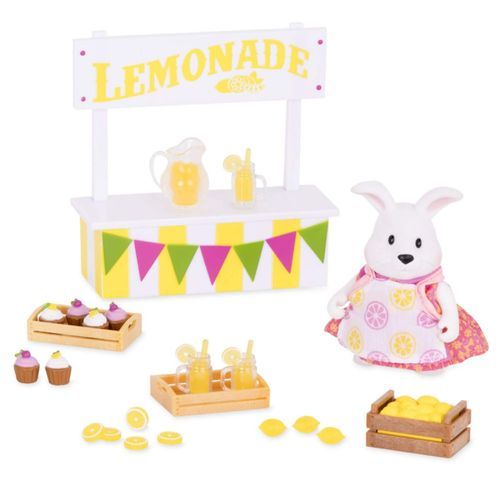 Li'l Woodzeez - Juego de limonada con figura de conejo. Juego de 25 piezas. Incluye comida de juguete y accesorios en miniatura.