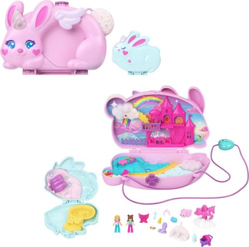Juguete de viaje portátil Polly Pocket con 2 micromuñecas y 12 accesorios, incluyendo mascotas. Juego de bolso compacto 2 en 1 c