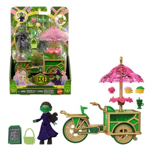 Carrito de postres Wicked Emerald City de Mattel Universal Pictures con carrito, muñeca pequeña Elphaba y 7 accesorios, inspirad