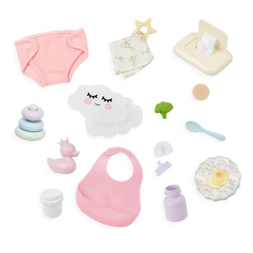 LullaBaby – Set de comida y cambiador – Pañal, babero y comida de juguete – Accesorios para muñecas de 35 cm – Juego de simulaci