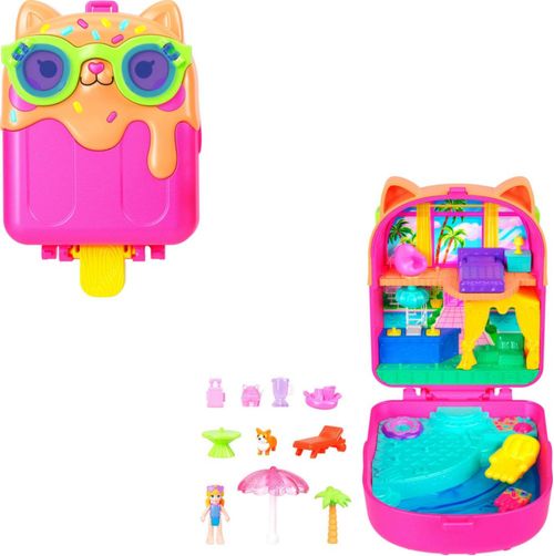 Muñecas y set de juego Polly Pocket, Kitty Popsicle Resort Compact, juguete de viaje con 1 micromuñeca, cachorro y accesorios te