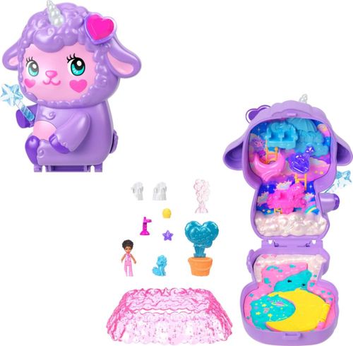 Muñecas y set de juego Polly Pocket, Cordero compacto y acogedor de Dreamland, juguete de viaje con 1 micromuñeca, unicornio, co