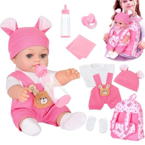 Muñeca bebé de 30 cm con mochila portabebés con estampado de oso en caja de regalo. Muñecas bebé realistas de 30 cm con ropa y a