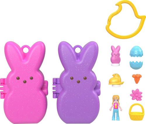 Polly Pocket x Peeps, 6 micromuñecas y 2 sets de juego con 6 accesorios temáticos y llaveros con clip, juguete de viaje, Partner