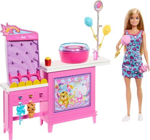 Barbie Mysteries: Detectives de la Playa Malibú, set de juego con muñeca y puesto de algodón de azúcar con 20 accesorios, inclui