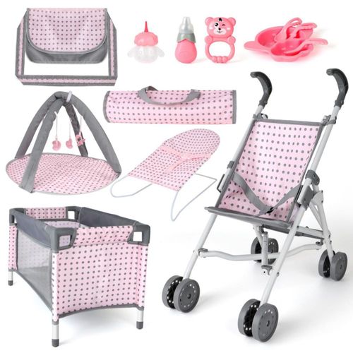 deAO - Cochecito de bebé, cuna, cama, juego de rol para bebé, con accesorios, tapete de juego, cuna de viaje, hamaca, cochecito